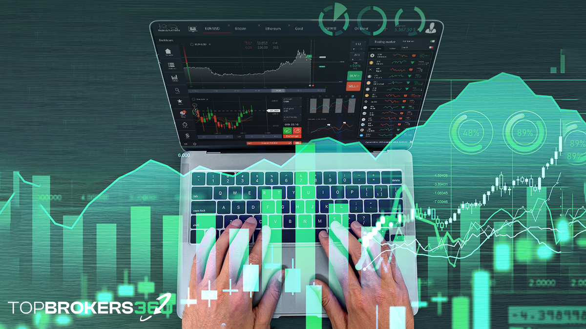 Un trader che interagisce con una piattaforma di trading su un laptop, con uno sfondo di grafici finanziari e segnali, rappresentando le capacità di analisi delle piattaforme di trading.