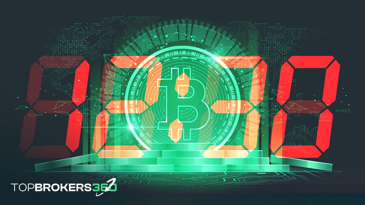 A digital countdown timer set against a background of glowing Bitcoin symbols.