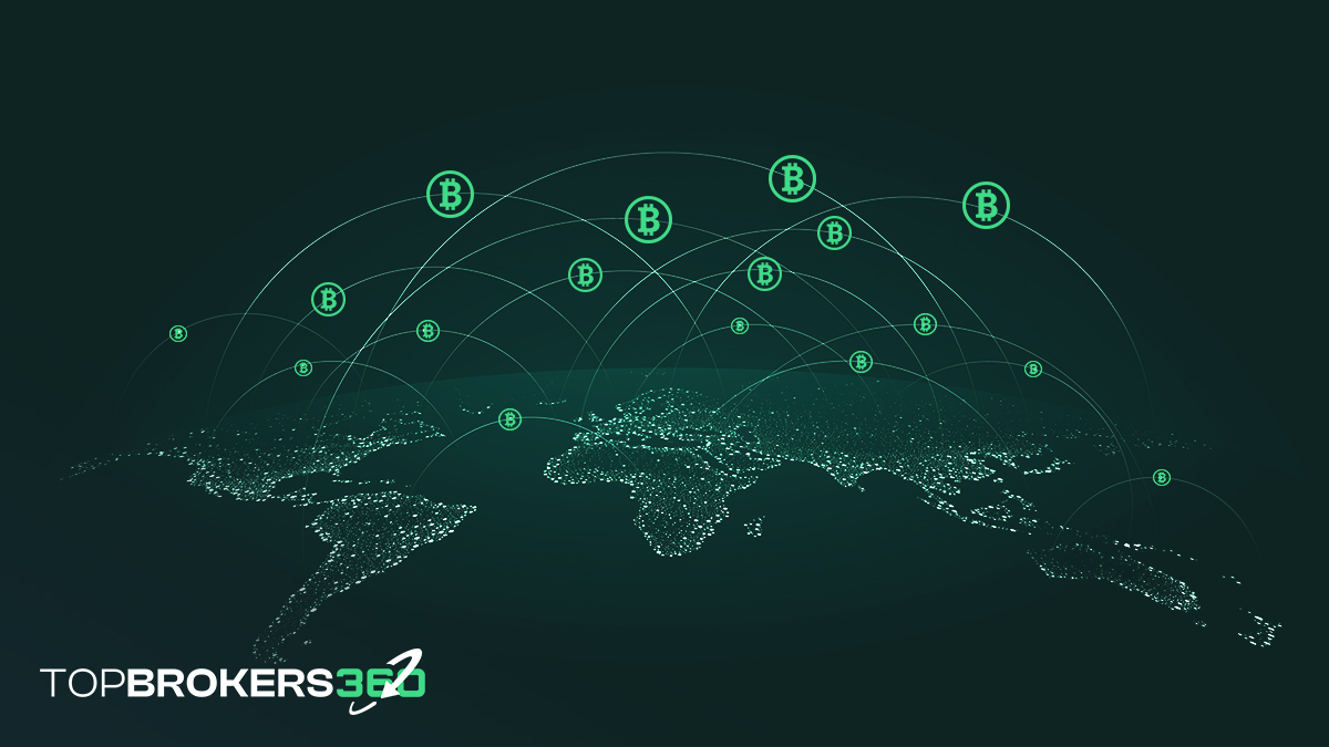 Um mapa mundial interconectado com linhas digitais e símbolos do Bitcoin, destacando o impacto global do Bitcoin e sua adoção generalizada até o halving de 2024.