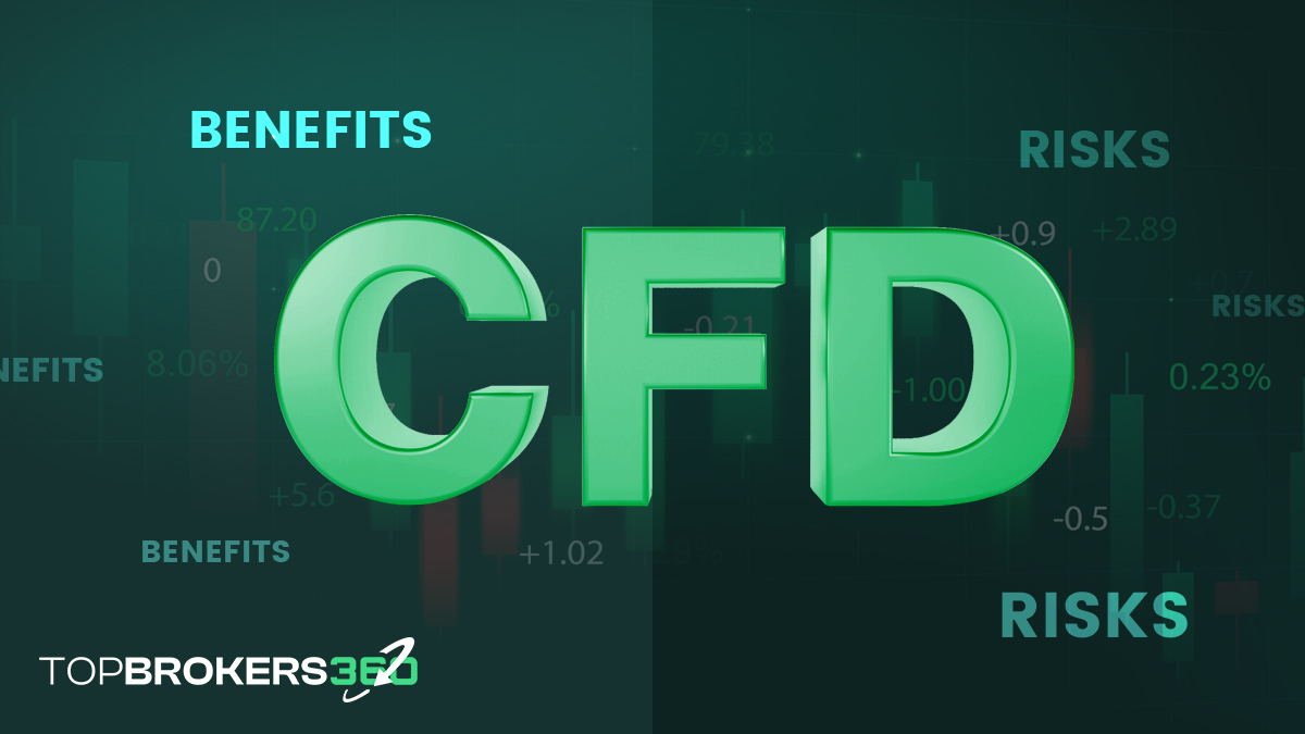 Una imagen dividida con las palabras 'Beneficios' y 'Riesgos' en cada lado, con 'CFD' en el medio.