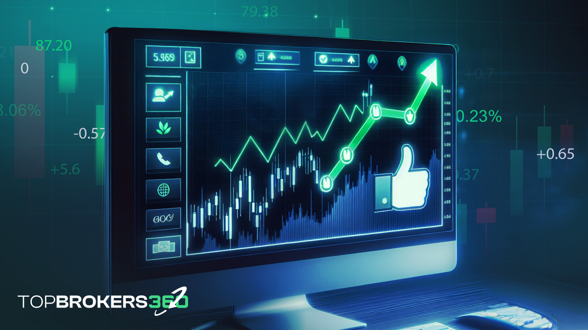 Un écran d'ordinateur affichant un graphique financier avec une flèche verte vers le haut, représentant un premier trade réussi, avec une icône de pouce levé à proximité.