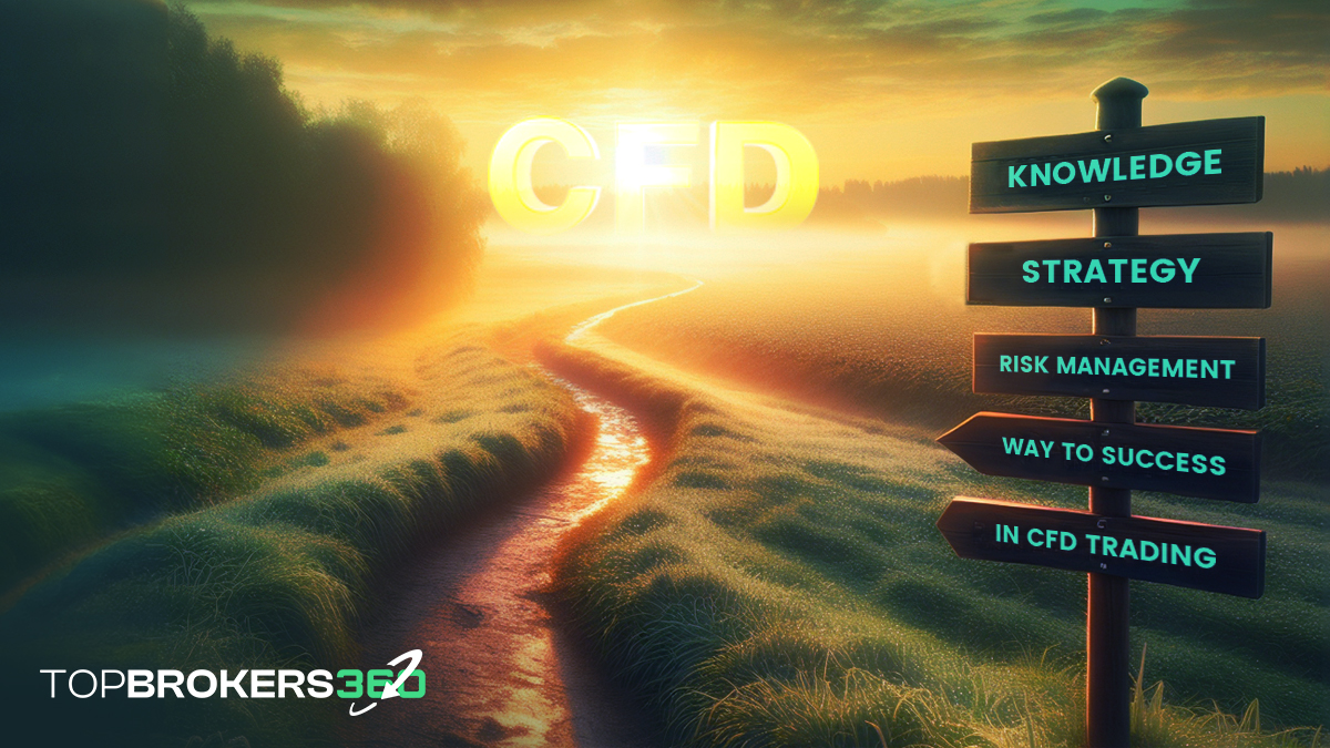 Un chemin menant vers un lever de soleil, avec des panneaux indicateurs tout au long du chemin, symbolisant le parcours vers le succès dans le trading de CFD