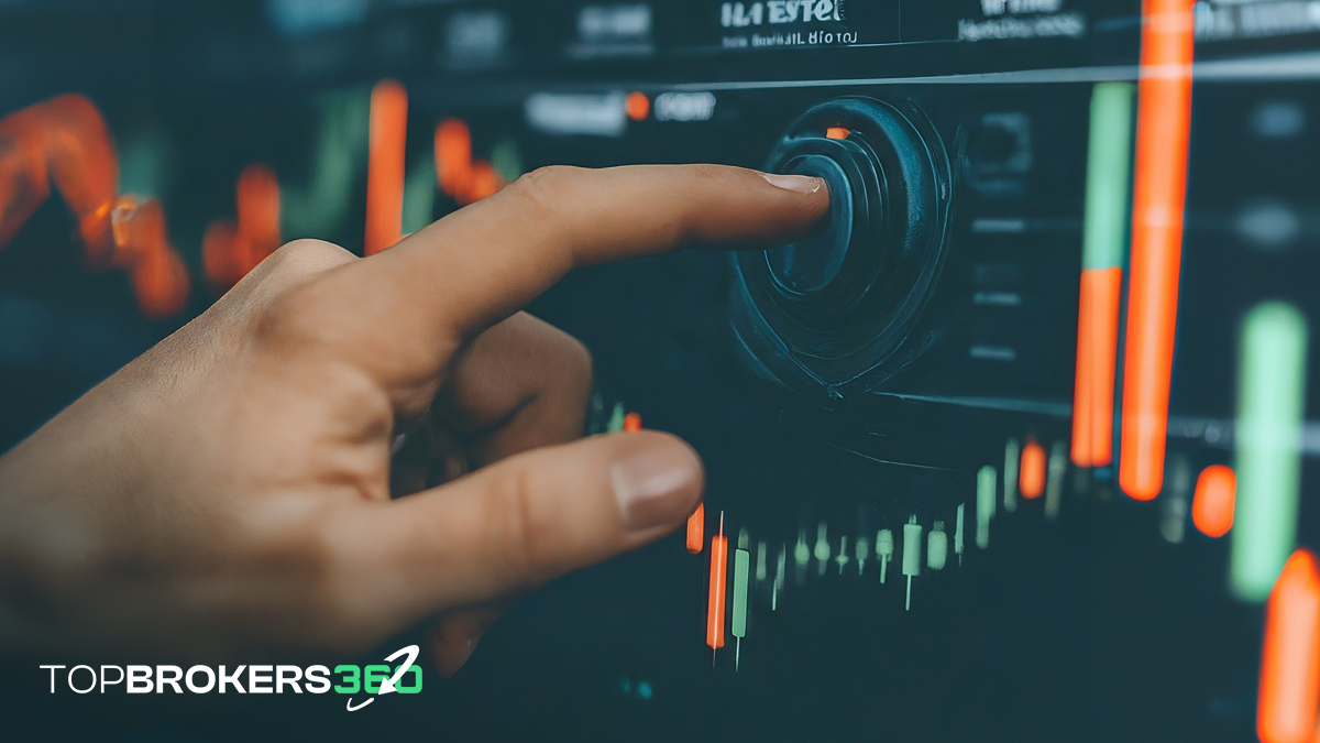 Close-up of a broker's hand adjusting settings on a digital trading platform.