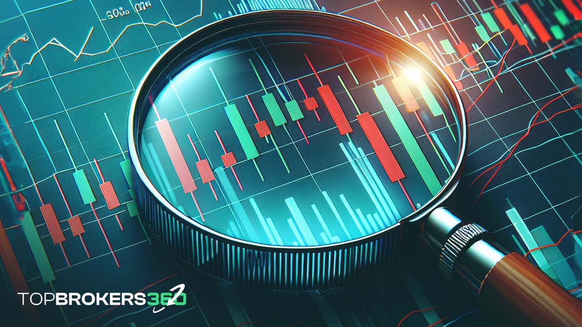 A Magnifying Glass Over a Forex Chart: Symbolizing the importance of scrutinizing forex trades and brokers to avoid scams.
