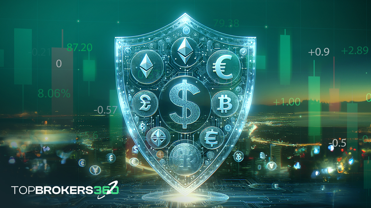 Un bouclier avec des symboles de différentes devises et cryptomonnaies : Représentant une protection contre les escroqueries dans divers marchés, y compris le forex, les cryptomonnaies, et plus encore.
