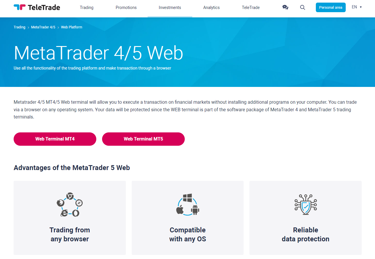 Plateformes de Trading Web MetaTrader ⅘ de TeleTrade et Avantages