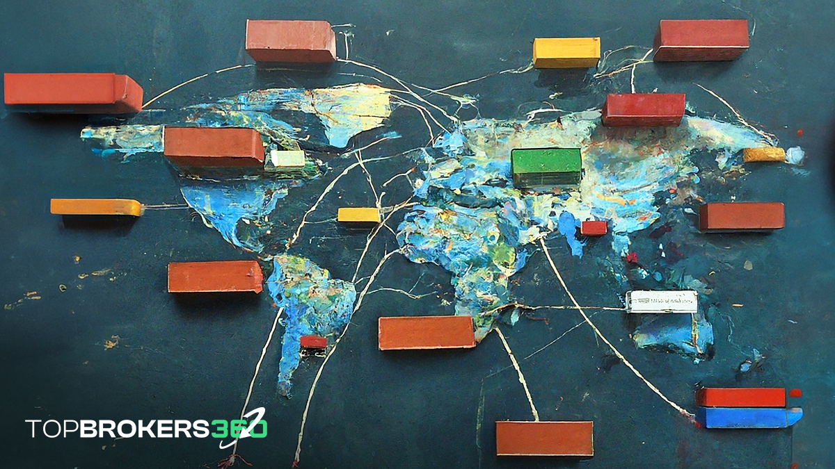 Illustration of global trade network showing interconnected economies with trade routes and shipping containers.