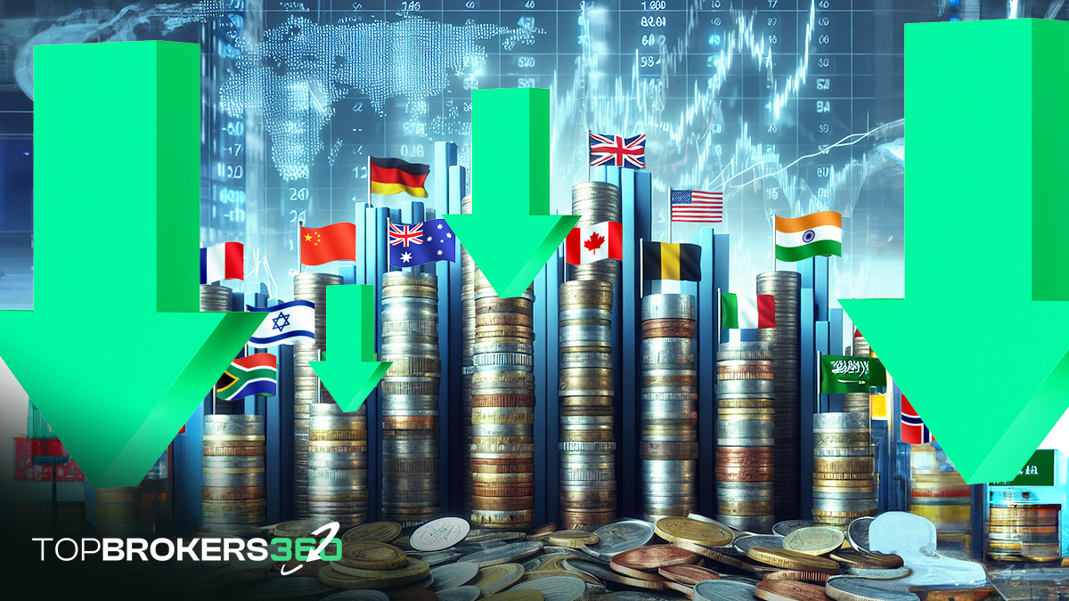 Illustration of currency devaluation showing stacks of coins with different country flags, symbolizing competitive devaluation and its impact on global trade.