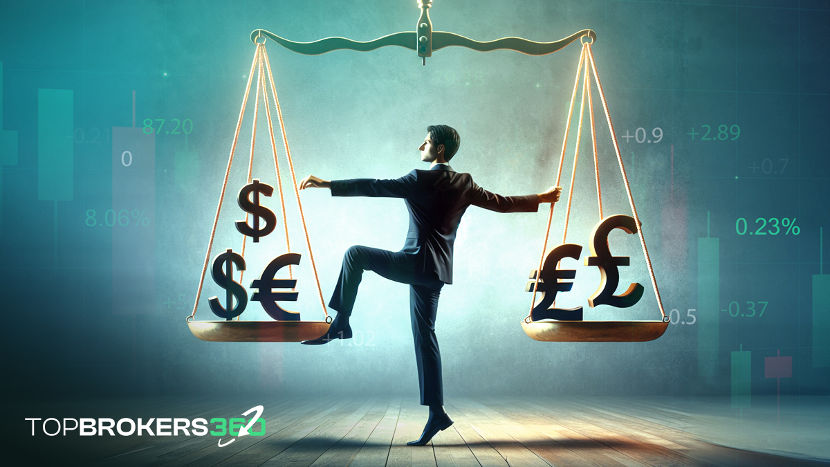 Person balancing multiple currency symbols on a scale - depicting the balancing act of risk management in forex trading.