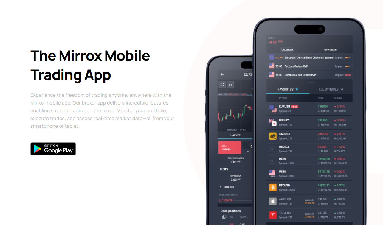 Captura de pantalla de la aplicación de trading móvil de Mirrox