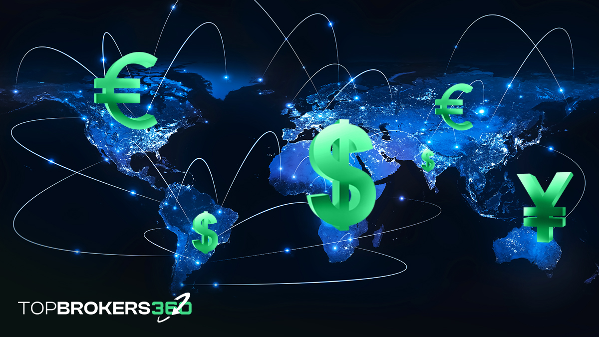 World map showing dynamic forex currency flows with colored arrows between major economies, illustrating Financial Market Trends and global forex trading activity and currency exchange rates for May 2024.