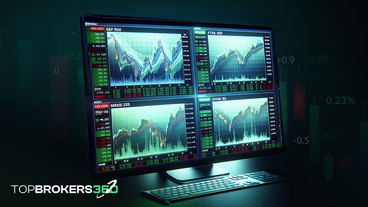 Modernes Finanz-Dashboard, das verschiedene globale Aktienindizes wie S&P 500, FTSE 100 und Nikkei 225 mit schwankenden Balkendiagrammen zeigt, und Einblicke in den Aktienmarkt und Trends für Mai 2024 betont.