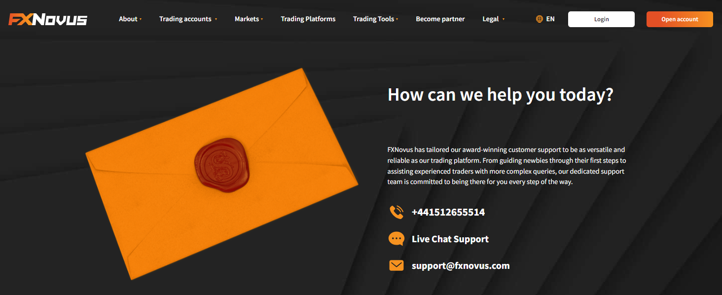 FXNovus contact us page showcasing various methods of reaching out