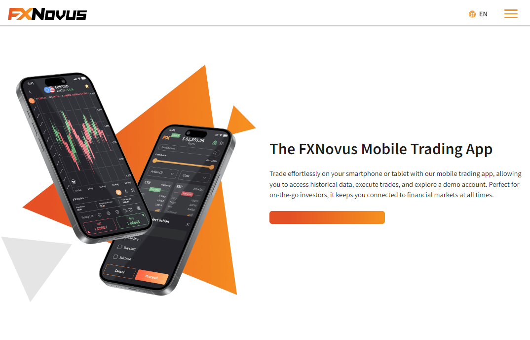 FXNovus App and WebTrader page displaying charts, indicators, and trading tools