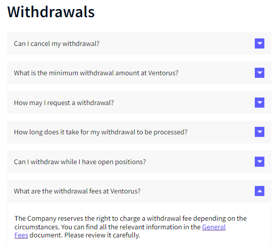 Ventorus Withdrawal Fees