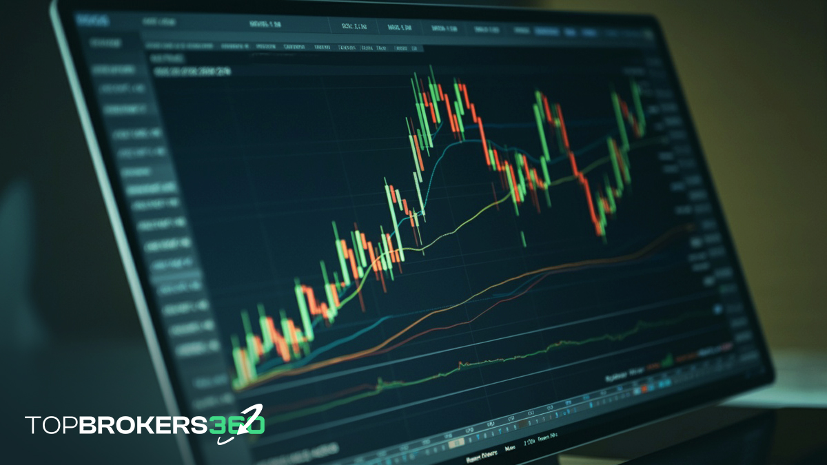 A computer screen displaying a trading chart with highlighted RSI, MACD, and Moving Averages.