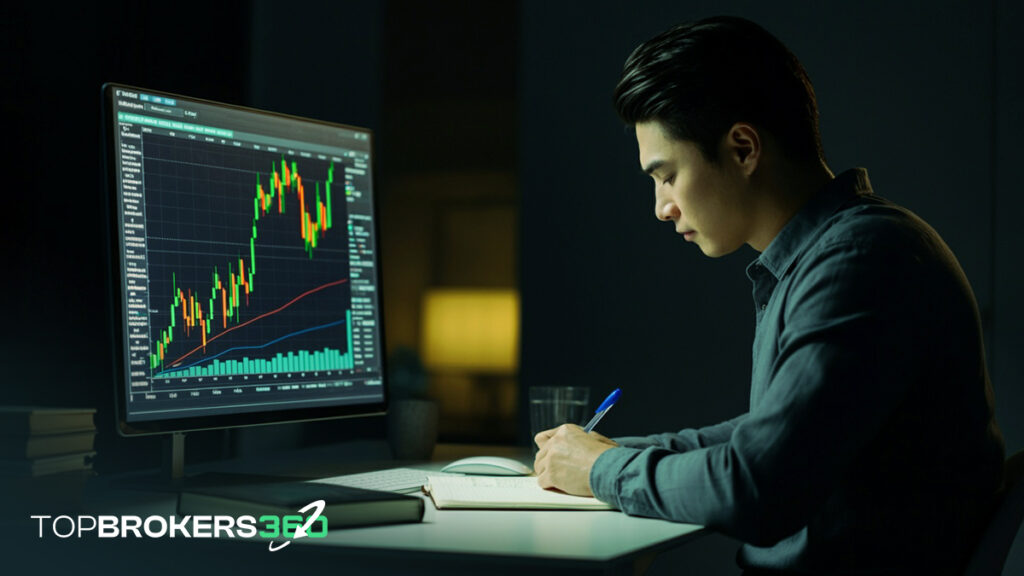 A trader writing notes while analyzing a chart with Bollinger Bands and Fibonacci levels.