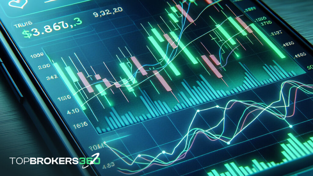 A close-up of a smartphone trading app showing candlestick patterns and overlays like the Stochastic Oscillator